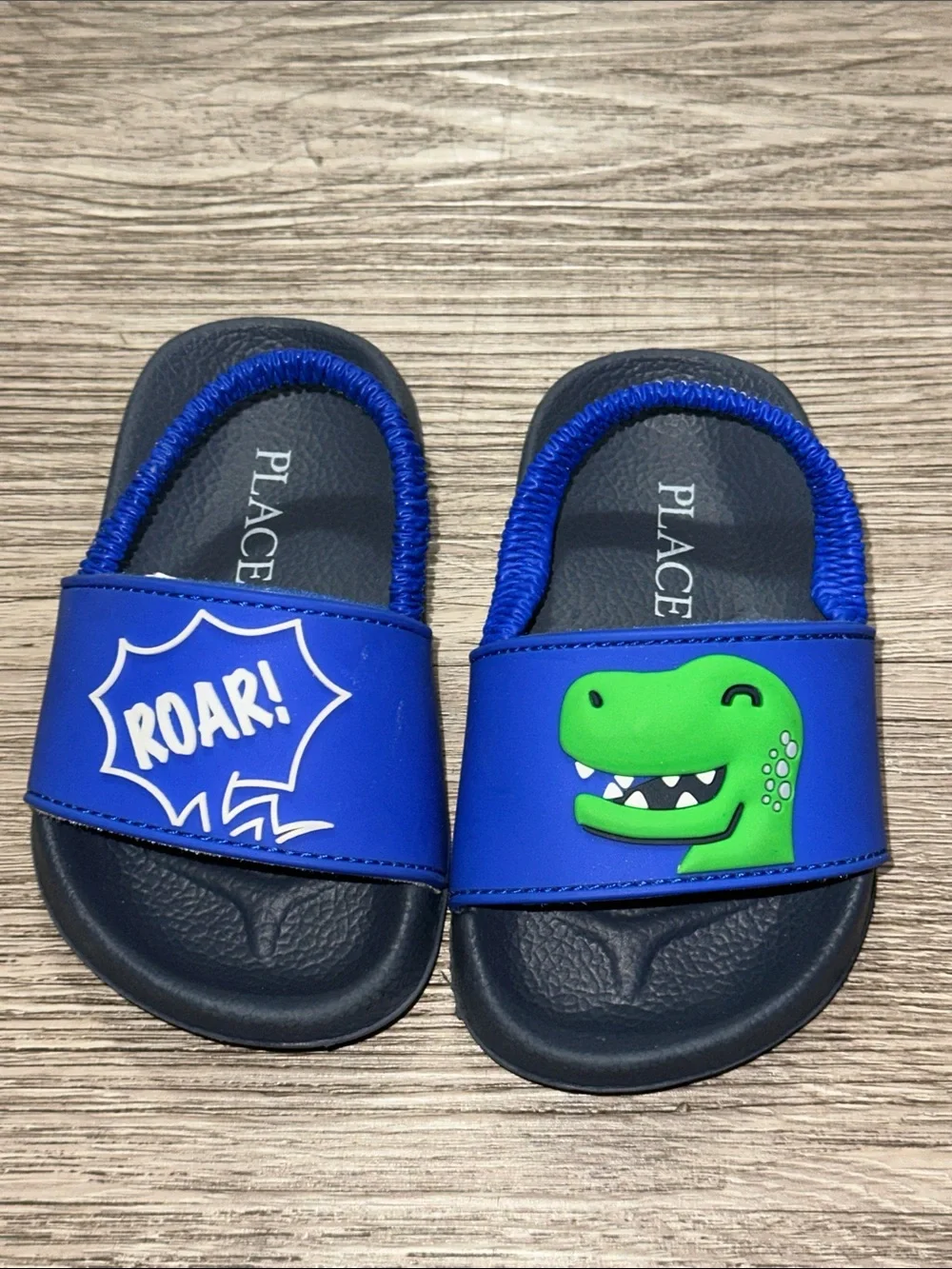 The Children's Place Blue Slide Sandals with Green Dinosaur and 'ROAR'
